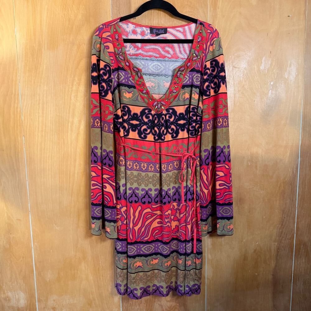 Hale Bob Psychedelic Mod Retro Beaded Bell Sleeve Mini Dress Large